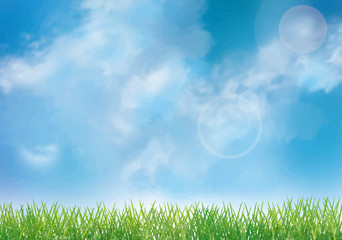 Obraz premium 芝生 グラウンド 草原 背景 水彩 草 植物 青空 手描き 雲 空 雲 自然