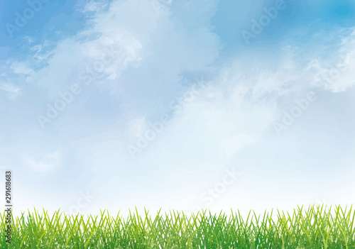 芝生グラウンド草原背景水彩草植物青空手描き雲空雲自然wall Mural Okaka08