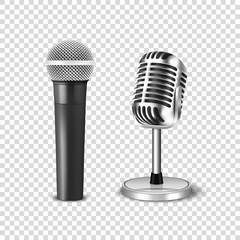 Vector 3d Realistic Steel Silver Retro Concert Vocal Stage Microphone Icon Set Closeup Isolated on Transparent Background. Design Template of Vintage Classic Karaoke Metal Mic. Front view