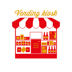 Vending Kiosk Sign, Emblem. Red and White Striped Awning Tent. Vector Illustration