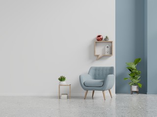 Living room interior wall mockup with blue armchair on empty white wall background.