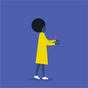 Addicted to social media. Likes. Young black female character wearing smart watch. Zombie walk. Conceptual illustration. Millennial lifestyle