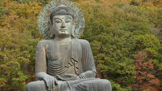 108 ton gilt-bronze Buddha statue called "Tongil Daebul. It is situated on the slopes of Seoraksan National Park in Sokcho, Gangwon Province, South Korea.