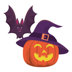 halloween pumpkin with witch hat and bat flying