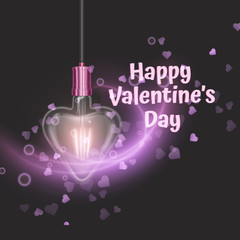 Greeting card with a heart-shaped glowing lamp on dark background. Design element for Happy Valentine's Day. Template Ready for your design, greeting card, banner