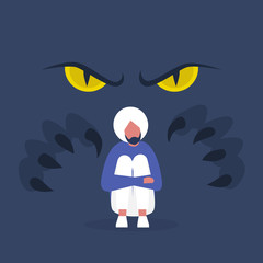 Fear, conceptual illustration. Big yellow eyes and huge claws behind the character's back. Panic attack. Mental health. Modern lifestyle. Flat editable vector.