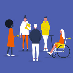 Obraz premium Teamwork. Inclusive society. Office meeting. Modern company. Diversity. Flat editable vector illustration, clip art