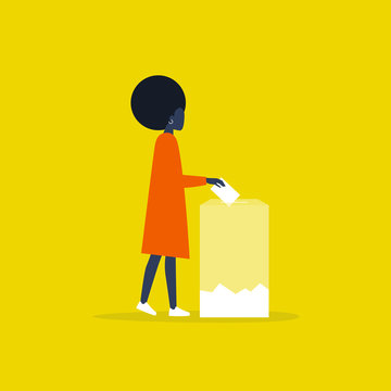Transparent voting, conceptual illustration. Young black female character participating in elections / flat editable vector illustration, clip art