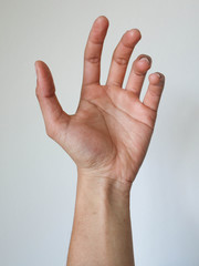 a hand holding something on white backgrounds, isolated.