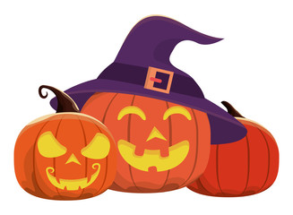 halloween pumpkins with faces and witch hats