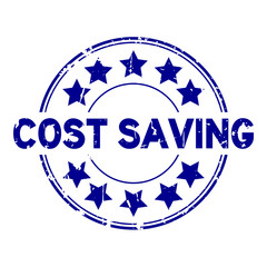 Grunge blue cost saving word with star icon round rubber seal business stamp on white background