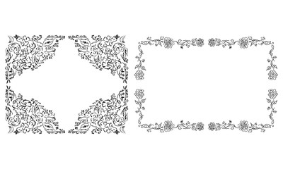 Tropical hand drawn floral frames. Outline set. Jungle foliage illustration. Floral set. Hand drawing. Vector isolated collection. Natural spring wedding card. Summer tropical leaf. Botanical frames