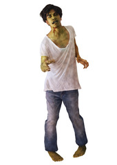 Zombie man white dirty shirt and blue jeans walking isolate.