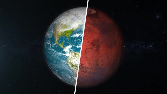 A split screen view of the planets Earth and Mars slowly rotating in space.	