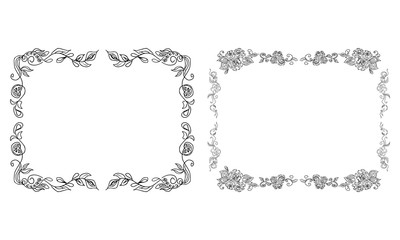 Tropical hand drawn floral frames. Outline set. Jungle foliage illustration. Floral set. Hand drawing. Vector isolated collection. Natural spring wedding card. Summer tropical leaf. Botanical frames