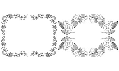 Tropical hand drawn floral frames. Outline set. Jungle foliage illustration. Floral set. Hand drawing. Vector isolated collection. Natural spring wedding card. Summer tropical leaf. Botanical frames