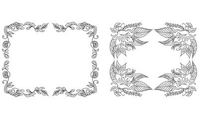 Tropical hand drawn floral frames. Outline set. Jungle foliage illustration. Floral set. Hand drawing. Vector isolated collection. Natural spring wedding card. Summer tropical leaf. Botanical frames