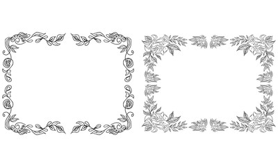 Tropical hand drawn floral frames. Outline set. Jungle foliage illustration. Floral set. Hand drawing. Vector isolated collection. Natural spring wedding card. Summer tropical leaf. Botanical frames