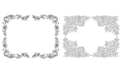 Tropical hand drawn floral frames. Outline set. Jungle foliage illustration. Floral set. Hand drawing. Vector isolated collection. Natural spring wedding card. Summer tropical leaf. Botanical frames