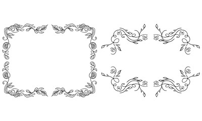 Tropical hand drawn floral frames. Outline set. Jungle foliage illustration. Floral set. Hand drawing. Vector isolated collection. Natural spring wedding card. Summer tropical leaf. Botanical frames