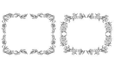 Tropical hand drawn floral frames. Outline set. Jungle foliage illustration. Floral set. Hand drawing. Vector isolated collection. Natural spring wedding card. Summer tropical leaf. Botanical frames