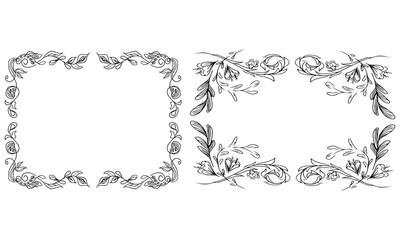 Tropical hand drawn floral frames. Outline set. Jungle foliage illustration. Floral set. Hand drawing. Vector isolated collection. Natural spring wedding card. Summer tropical leaf. Botanical frames