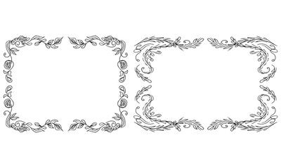 Tropical hand drawn floral frames. Outline set. Jungle foliage illustration. Floral set. Hand drawing. Vector isolated collection. Natural spring wedding card. Summer tropical leaf. Botanical frames