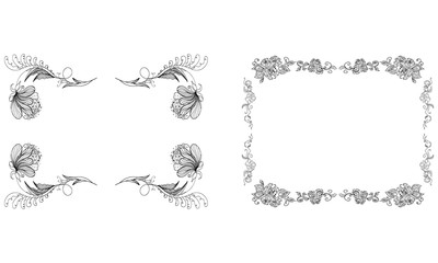 Obraz premium Tropical hand drawn floral frames. Outline set. Jungle foliage illustration. Floral set. Hand drawing. Vector isolated collection. Natural spring wedding card. Summer tropical leaf. Botanical frames