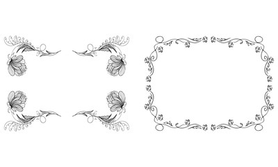 Tropical hand drawn floral frames. Outline set. Jungle foliage illustration. Floral set. Hand drawing. Vector isolated collection. Natural spring wedding card. Summer tropical leaf. Botanical frames