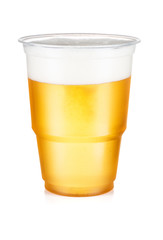 Beer, ale or lager in a plastic disposable cup isolated on white background