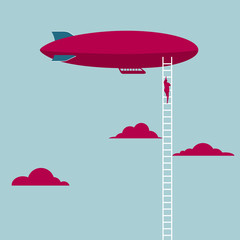 Businessman climbs the airship using a ladder. Isolated on blue background.