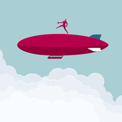 Businessman is walking on the airship. Isolated on blue background.