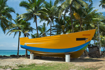 New large unfinished boat on the beach.Horizontally.