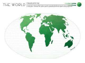 Polygonal map of the world. McBryde-Thomas flat-polar quartic pseudocylindrical equal-area projection of the world. Yellow-green colored polygons. Modern vector illustration.