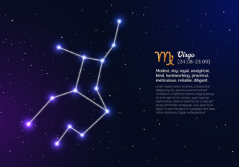 Obraz na płótnie Canvas Virgo zodiacal constellation with bright stars. Virgo star sign and dates of birth on deep space background. Astrology horoscope with unique positive personality traits vector illustration.