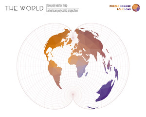 Abstract geometric world map. American polyconic projection of the world. Purple Orange colored polygons. Neat vector illustration.