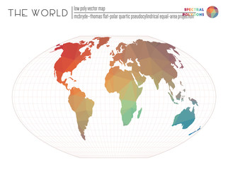 Abstract world map. McBryde-Thomas flat-polar quartic pseudocylindrical equal-area projection of the world. Spectral colored polygons. Energetic vector illustration.