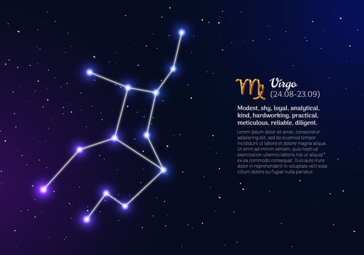 Virgo zodiacal constellation with bright stars. Virgo star sign and dates of birth on deep space background. Astrology horoscope with unique positive personality traits vector illustration.