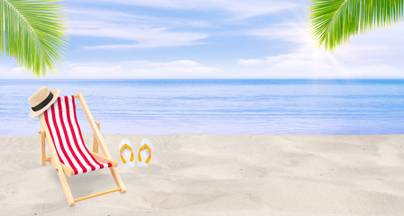 Summer Vacation and Holiday Trip Concept : Beach chair, weave hat and white sandal flip flop on sand beach with beautiful seascape view of sea and blue sky in the background.