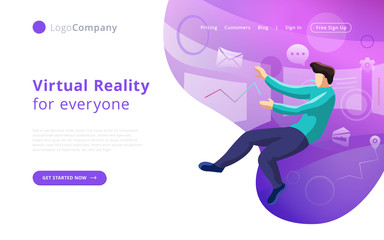 future technology man into virtual reality touching and editing interface. Easy to edit and customize. Vector illustration