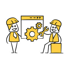 engineers fixing and setting web yellow stick figure theme