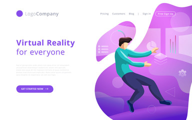 future technology man into virtual reality touching and editing interface. Easy to edit and customize. Vector illustration