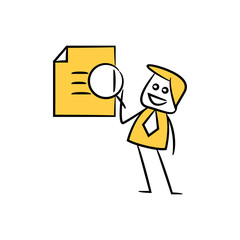 businessman using magnifier glass scan document yellow stick figure design