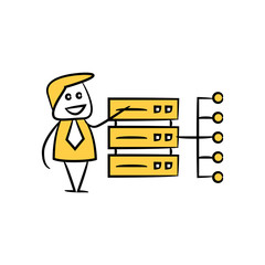 businessman and server network yellow stick figure design