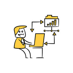 businessman working on computer and analytics data yellow stick figure design