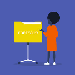 Young black female character presenting her experience at work