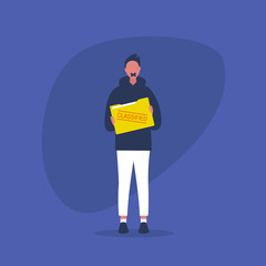 Non-disclosure agreement. Classified information. Young male character with a taped mouth holding a folder with documents