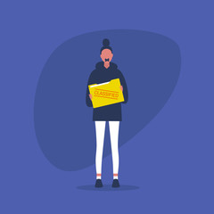 Non-disclosure agreement. Classified information. Young female character with a taped mouth holding a folder with documents