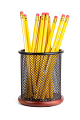 lead pencils in metal pot on a white background