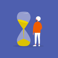 Time management. Young indian male character looking at the sandglass. Planning. Office work. Flat editable vector illustration, clip art